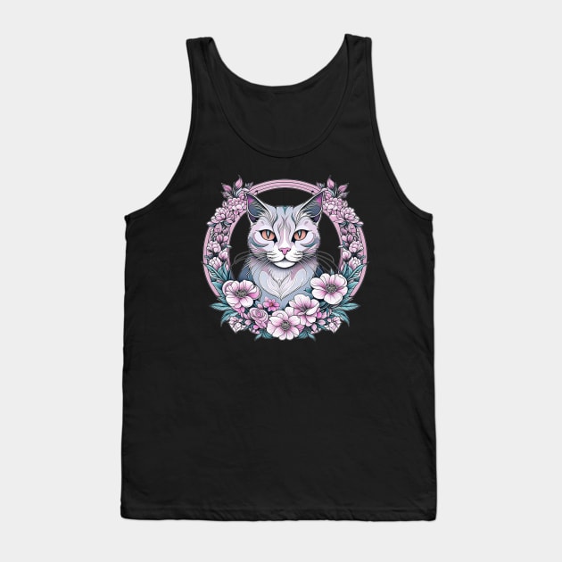 Pink Cat Floral Circle Tank Top by VioletGrant